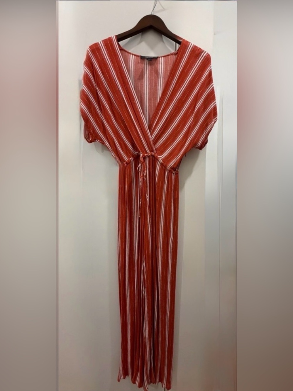 Forever 21 Rust-Red/Rust and White Striped Jumpsuit SZ S Zipper on side.
